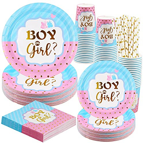 HusDow 100pcs Gender Reveal Assiette jetable, Vaisselle Baby Shower Mixte Bébé Boy Or Girl Kit Fournitures Fête Prénatale Baptême Assiettes Carton Gobelet Serviettes Paille en Papier, 20 invités