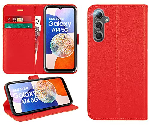 DN-Technology For Samsung Galaxy A14 Case Flip Folio Leather Wallet with Card Holder Book Stand Phone Cover For Samsung Galaxy A14 (RED)