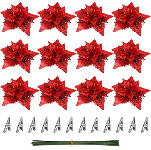 Toyvian 12St Weihnachtsstern Blumen, 7- Zoll- künstliche Weihnachtsstern- Blumen glitzernder roter Christbaumschmuck mit Clips und Stielen für Weihnachtskranz- Party- Dekorationen