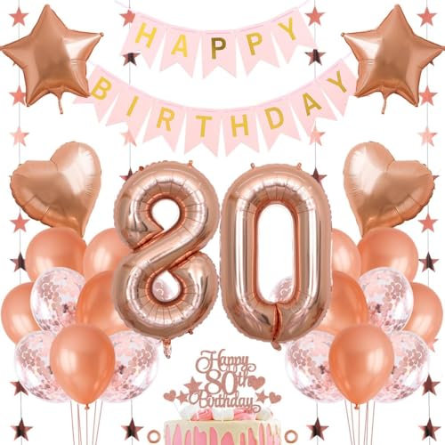 Jxuzh 80. Geburtstag Dekoration Mädchen - Rosegold Luftballon Happy Birthday Deko Set - 33 Stück