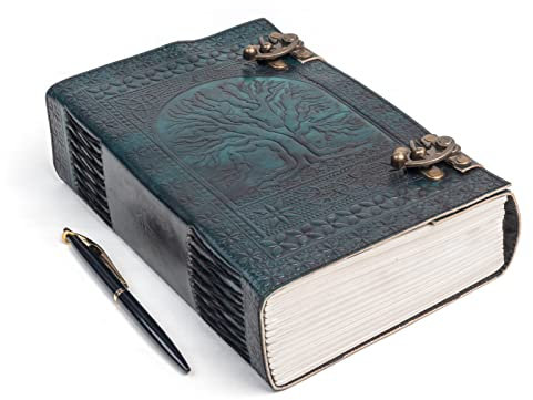 TUZECH Handgefertigtes großes Leder-Tagebuch, 600 Seiten, geprägt, Baum des Lebens, Buch der Schatten, Notizbuch, 7 Chakra, Grimoire, Skizzenbuch, 17,8 x 25,4 cm, Lederbindung (grün)