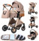 YAZOCO Poussette 3 en1, Compacte Poussette CombinéEs Anstout Terrain Luxe Haut Paysage Quadruple 0-36kg Pliable Canne Bébé Poussettes Confort Convient aux Nouveau Nés (Kaki)