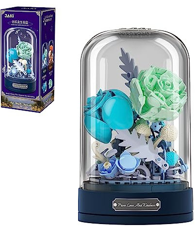 MEIEST Bausteine Blumenstrauß Set mit Spieluhr und staubdichte Kuppel,Künstliche Partikel Blume Sammlung BAU Ziegel Spielzeug,Heimdekoration,6+ (Blau)