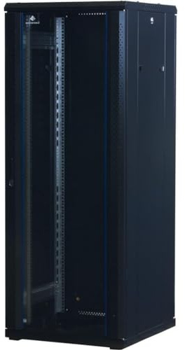 Rockstable 32HE 19 Zoll Serverschrank Netzwerkschrank (BxTxH) 600x600x1600mm mit Glastür - Türanschlag wechselbar - Türen und Seitenwände abnehmbar und verschließbar - Schwarz (RAL 9005)