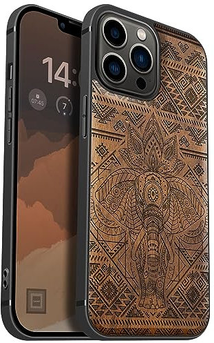 Carveit Holz Handyhülle für iPhone 13 Pro Max hülle, Kompatibel mit Magsafe Silikon Stoßfeste Cover, Magnetisch Hull für Apple 13 Pro Max Case(Nussbaum-Der Elefant und die Aztekische Reise)