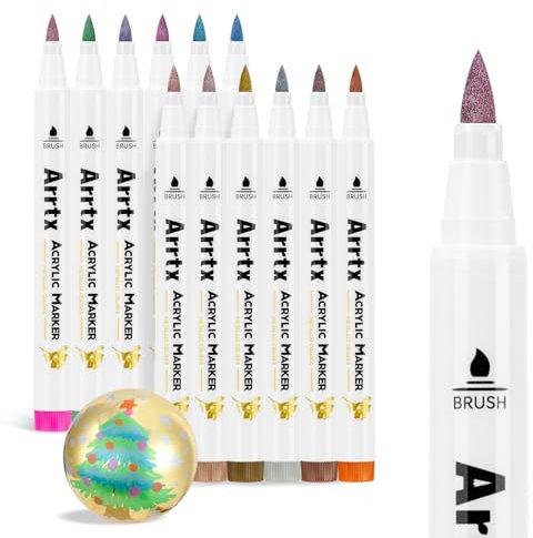 Arrtx Metallic Markers 12 Colors, Brush Tip Acrylic Paint Pens Metallic Paint Markers for Black Paper, Rock Painting, Plastics, Glass and Diy Project