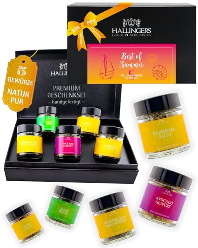 Hallingers Genuss Manufaktur Gewürz Geschenk-Set - 5 Gewürze aus aller Welt in wertiger Geschenkbox mit Rezept-Booklet Best of Summer, Geschenkidee für Frauen Männer