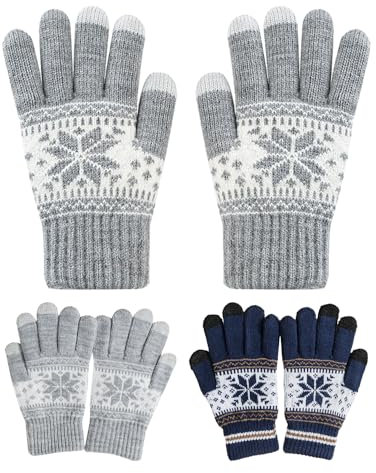 NyxSeat Lot de 2 paires de gants avec imprimé flocon de neige, gants d'hiver pour homme et femme, gants doublés chauds, gants tricotés, adaptés pour les vêtements d'hiver, le ski et le cyclisme, Noir