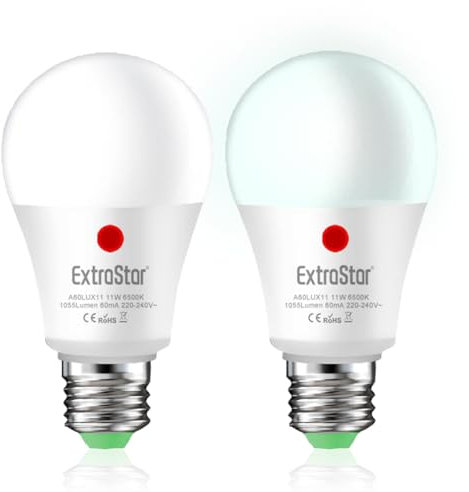 EXTRASTAR Bombilla LED con Sensor Crepuscular Day/Night, E27, 1055Lm, 11W, Luz Blanca Fría 6500K, Encendido/Apagado Automático, Para Pasillo, Jardín, Terraza, 2Pcs