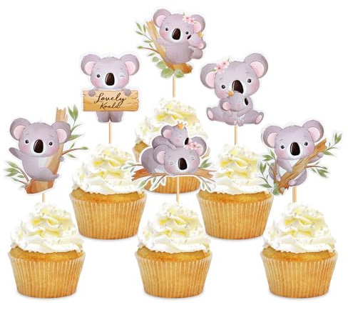 24 Stück Koala Cupcake Toppers Happy Birthday Cake Decor für Kinder Wild Jungle Animal Theme Birthday Party Supplies Feiern Party Events Baby Shower