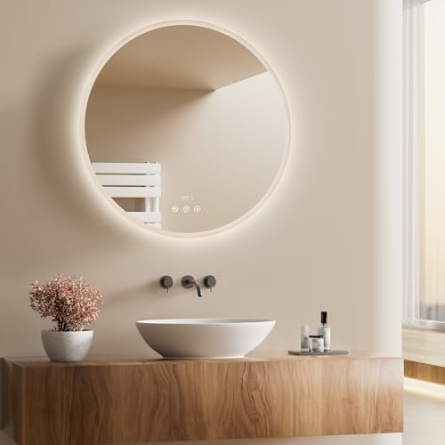 Heilmetz Bluetooth Badspiegel mit Beleuchtung Rund 80cm, LED Badezimmerspiegel mit Licht, Uhr, Antibeschlag, Touch Schalter, Runder Spiegel mit Beleuchtung, 4300K Warmweiß Beleuchtet