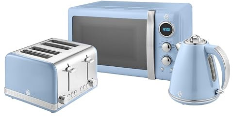 Swan Retro Kitchen Set, 1.5L Fast Boil Kettle & 4 Slice Toaster & 20L Digital Microwave, Blue, SK19020BLN, ST19020BLN, SM22030LBLN