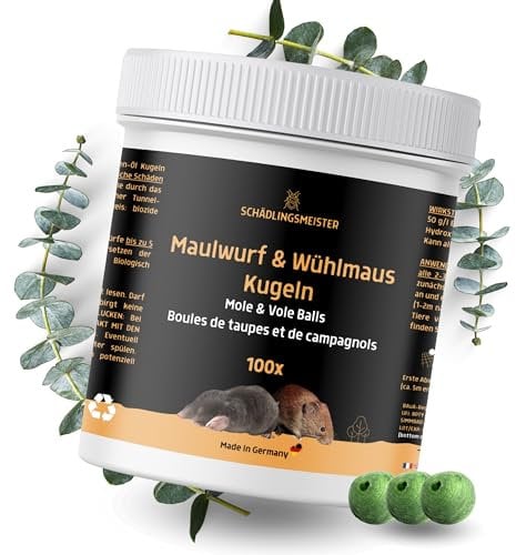 SCHÄDLINGMEISTER® Repellente per talpe e arvicole - 100 palline - Profumo di limone EUCALIPTO - Biodegradabile - Efficace contro talpe e arvicole - Prodotto in Germania