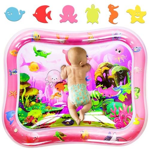 Grande Neonati Tappetino ad Acqua AUCRSOZK 95x76cm Gonfiabile Tummy Time Tappeto Acqua Giocattolo per Neonato 3 6 9 12 Mesi Sensoriale Baby Water Mat per Natale Regali Inclusa Toppa (Rosa)