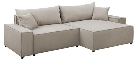 FORNIRO 24 Parma Ecksofa mit Schlaffunktion und Bettkasten - Sofa für 3 Personen mit Kissen - Schlafcouch L-Form Universal - Modern Couch - Stoff Premium - 250x150x70 cm - Creme