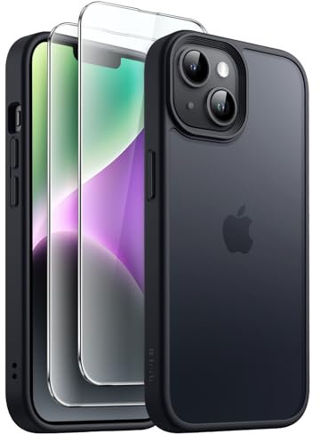 JETech 3 in 1 Matte Case for iPhone 14 6.1-Inch with 2-Pack Tempered Glass Screen Protector, Translucent Frosted Shockproof Phone Cover (Black)
