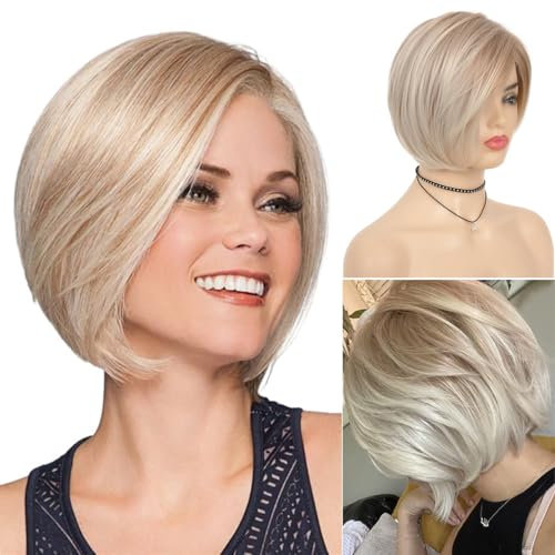 Dsimeig Kurze Blonde Bob Perücke für weiße Frauen Seitenteil Natürliche Gerade Hitzebeständige Cosplay Haar Perücke, Blonde
