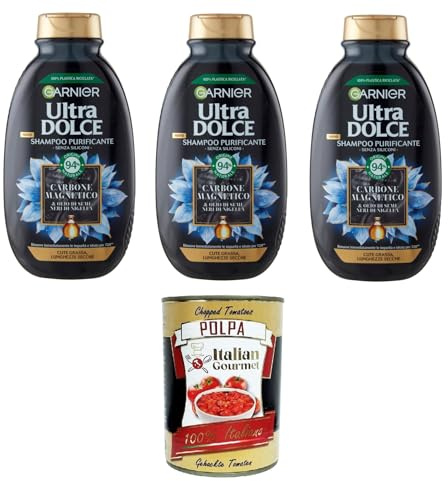 G. Ultra Dolce Shampoo Purificante e Idratante Carbone Magnetico, Reinigendes und feuchtigkeitsspendendes magnetisches Aktivkohle-Shampoo, 3x250 ml+ Italian Gourmet polpa 400g