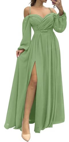 KURFACE Sage Green Bridesmaid Dresses with Long Sleeves for Wedding Chiffon Split Floor Length Wedding Guest Dress UK16