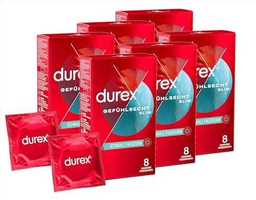 Durex Gefühlsecht Slim Kondome – Dünne Kondome mit schmaler Passform & mit Silikongleitgel befeuchtet – 48er Pack (6 x 8 Stück)