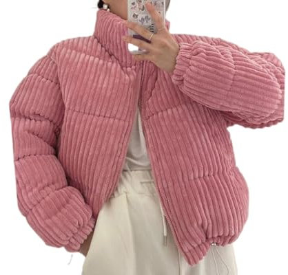 Veste d'hiver Chaude en Velours côtelé pour Femmes Tendance de la Mode à Manches Longues avec Fermeture éclair col Montant Doudoune Courte Ample décontractée épaissie Doudoune (Rose,S)