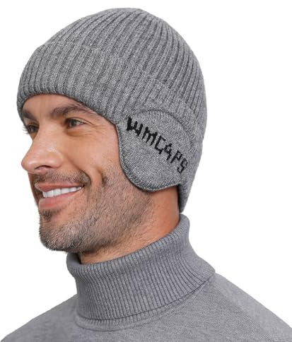 Wmcaps Wintermütze Herren mit Ohrenklappen, Warme Winter Mütze mit Ohrwärmer, Fleece Gefütterte Strickmützen Wollmütze für Männer Frauen, Geschenke für Freunde und Familie, Hellgrau