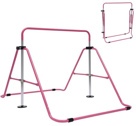 OUBUBY Gymnastik Turnreck, Turnreck Höhenverstellbar Kinder Garten Reck Turnstangen bis 100KG Belastbar, Reckstange, Reckanlage, Trainingsgeräte, Übungsstange für 3-12 Jahre Alte Kinder Indoor (Rosa)