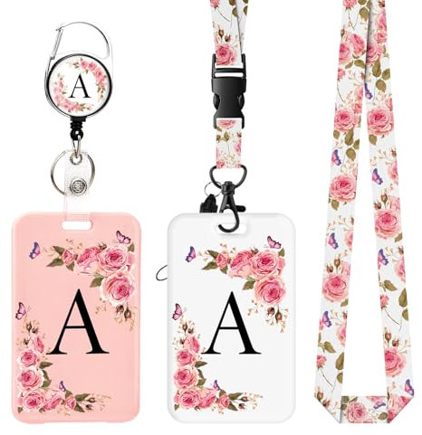 2 pièces Porte Badge avec Lettres A-Z, Lanière Détachable et Clip Rétractable, Porte Cartes Personnalisé avec Enrouleurs de Badge pour Femmes Infirmières Enseignants Étudiants Bureau (A)