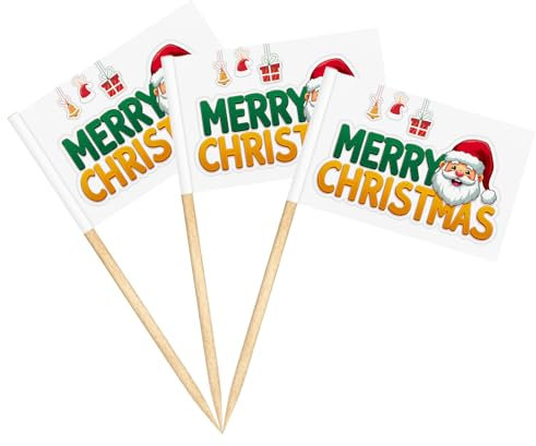 100PCS Christmas Cocktail Sticks Christmas Food Flags Toothpicks Flags Cupcake Toppers,Handmade Wooden Cocktail Skewers with Christmas Ornament for Birthday Wedding Christmas Party Decoration Supplies