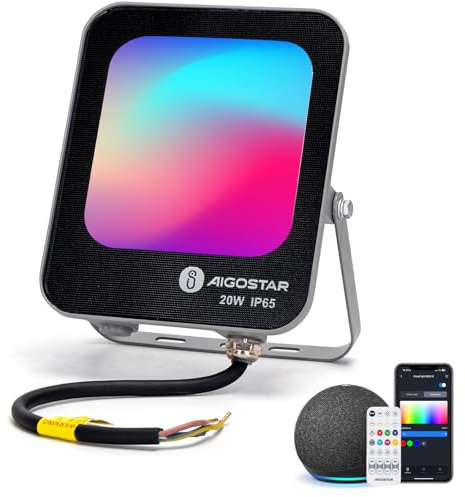 Aigostar Focos Led RGBW Exterior, 20W 1800LM Bluetooth Mesh Focos LED Exterior, 6500K Luz blanca, Foco Proyector LED Exterior & Interior IP65 de Colores para Fiesta, Terraza, Jardin
