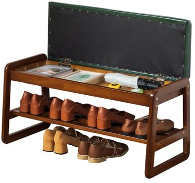 latifolia Solid Wood Bench, Entryway Shoe Bench with Cushion, Flip-Open Storage Compartment, 2-Tier Shoe Organizer(Green,31.50''L)