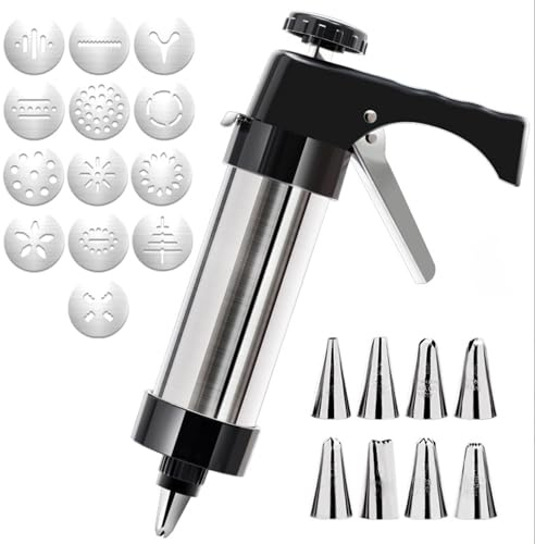 Stainless Steel Cookie Press,spritz Cookie Press for Baking,Cookie Press Gun Kit with 13 Cookie Discs and 8 Piping Tips for DIY cake Maker Decorating Baking Supplies (Cookie Press Gun Kit)