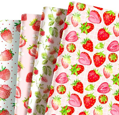 MORAINJAY 12 Bögen Erdbeer Geschenkpapier für Mädchen Geburtstag, Obst Motiv Geschenkpapier Kinder, Rosa Rot Geschenkverpackung für Party 68 x 50cm