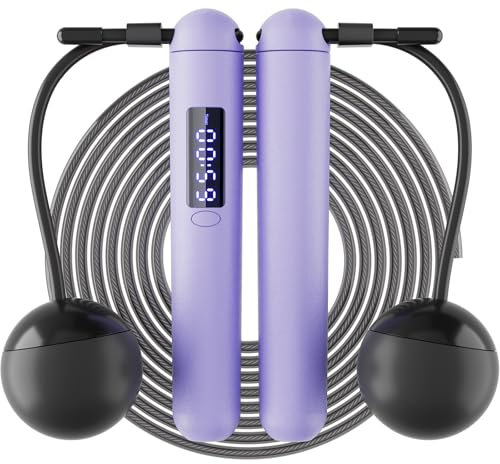 Corde à sauter sans fil avec compteur – Cordes à sauter 2 en 1 sans nœuds avec grande balle sans corde, corde à sauter réglable avec écran LED, charge de type C, pour homme et femme, violet