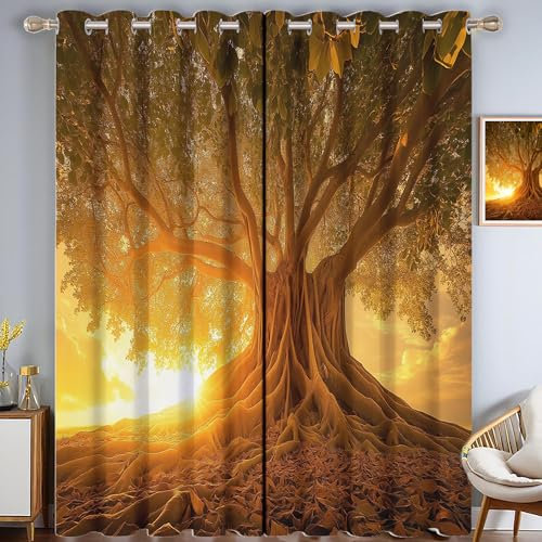MULERN Gardinen mit Ösen, 2er Set Sonnenuntergang Banyan-Baum -Druck Vorhänge, Fantasie Vorhänge Wohnzimmer Polyester Gardinen, Küche Fenster Wohnzimmer Schlafzimmer Vorhänge(H260 x B140 cm