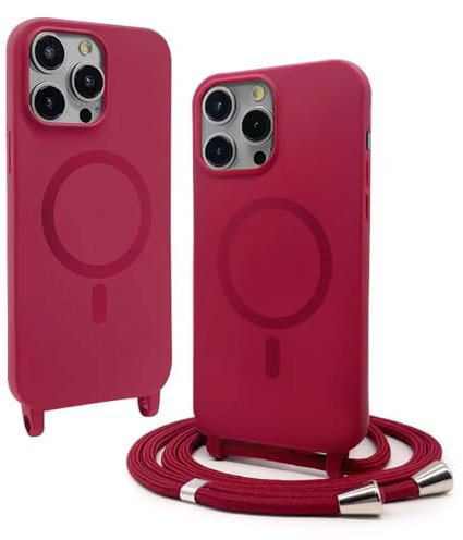 BGHHEU Silicone Coque Magnétique pour iPhone 12 Pro Max avec Cordon,Compatible avec MagSafe,Étui Housse Silicone avec Portable Lanyard Réglable, Rouge