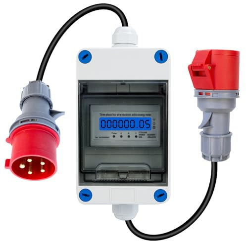 Mobiler Stromzähler, 3 Phasen 32A 400V Mobiler Digitaler Stromzähler Mit 5G 2.5 CEE Stecker und Kupplung, Mobiler Digitalzähler Mit Kabel an Beiden Enden, Steckdosenadapter Zähler (32A)