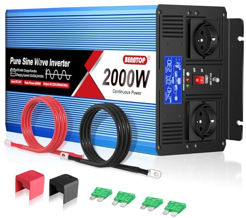 BENNTOP 2000W Wechselrichter mit Netzvorrangschaltung Reiner Sinus 24V zu 230V Spannungswandler mit 2 AC Steckdose,20A-Ladefunktion und USV Funktion,LCD-Anzeige für Auto,Wohnmobile,Camping