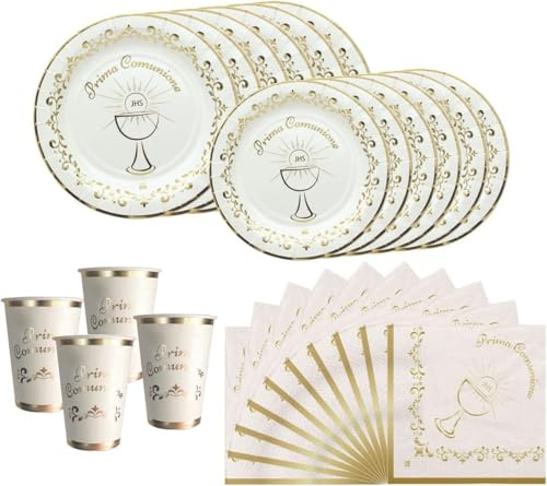 ZENZERO® - KIT COMPLETO per FESTA di Prima COMUNIONE - 16 Tovaglioli di Carta, 12 Bicchieri di Carta, 12 Piatti, 12 Piattini - ( 3 Kit - 156 pezzi)