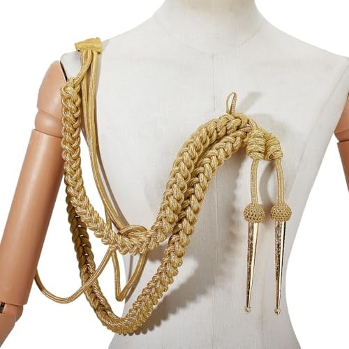MAYJOYDIY Goldene Schulterklappen Aiguillette, 87 x 23 cm, Messingspitzen, traditionelles geflochtenes Schulterschnur-Abzeichen für Armee- und Bühnenauftritte, Kleidung, Dekoration, Uniform-Zubehör