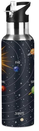 Mexpekil Galaxy Planet Water Bottle with Straw Solar System Planet Insulated Sports Stainless Steel Water Bottle Leakproof Drink Bottles for Kids Girls Boys School Running 600ml