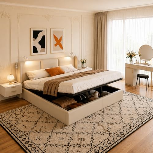PerGar Cama Matrimonio 160x200, Cama 160x200 con almacenaje, Canape con Cabecero, Camas matrimoniales con luz de Lectura y somier, Moderne Camas Juvenil, Hidráulica Espacio, Lino, Beige, Sin Colchon