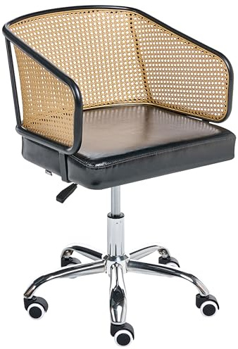 Beliani Retro Office Chair Faux Leather PE Rattan Viennese Braid Backrest Swivel Adjustable Black Tucson