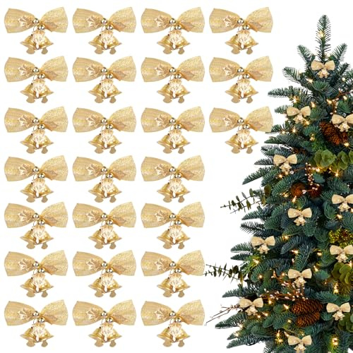 Srvillg 24 Pcs Gold Christmas Bows for Christmas Tree, Wreaths Bows, Xmas Small Bow with Bell for Gift Wrapping Craft Supplies Wrapping Accessories (Gold)