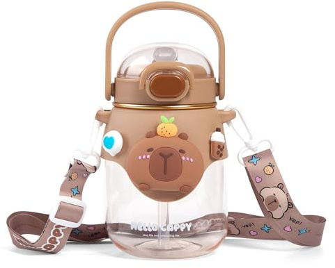 ZenithAura Capybara Borraccia con Coperchio & Portachiavi - Adorabile Borraccia con Canna di Silicone, Bicchiere & Beccuccio - Portatile, Resistente al Calore (820ML)