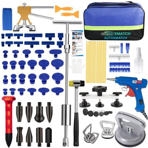 Autoxmatch Kit d'extracteur de bosses de voiture 97 pièces, kit d'outils de débosselage sans peinture avec levier doré, extracteur de pont, marteau coulissant, petit extracteur de bosses, outil de