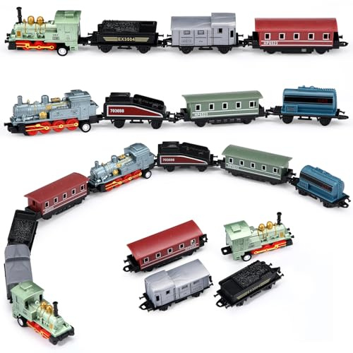 Hanaive 2 Sets Train Toys Small Pull Back Alloy Retro Steam Train with 3 Cars Simulation Model Diecast Locomotive for Boys Girls Birthday Party Favor School Classroom Teacher Reward Gifts(Blue,Green)