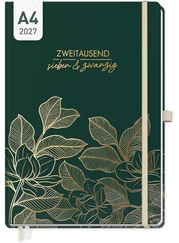 Häfft® Wochen-Notiz-Kalender 2027 A4 Golden Leaves | Terminplaner & Notizbuch in einem, Wochenplaner Kalenderbuch, Notiz-Timer mit Hardcover, Goldprägung & Einstecktasche
