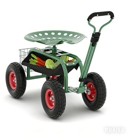 Crevyteg Tabouret Roulant de Jardin Robuste pour Tracteur Tondeuse – Siège pivotant 360°, poignée directionnelle, Plateau à Outils – Idéal Entretien pelouse, Plantation, terrasse – Pneus Tout-Terrain