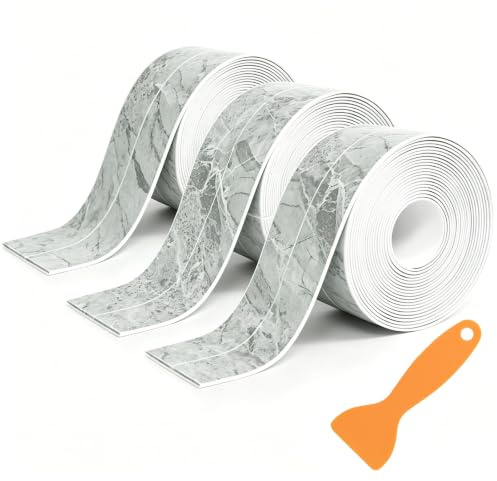 Bath Sealant Strip,3 Rolls Bathroom Sealant Tape,Waterproof Self Adhesive Caulk Strip for Kitchen, Sink,Toilet, Bathtub, Wall Corner, Shower with Sealing Tool,(Grey Marble Pattern)